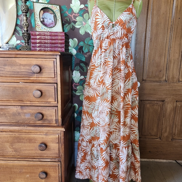 iris Dresses & Skirts - Iris Womens Tropical Palm Print Maxi Dress L Orange White Babydoll Empire Cutout